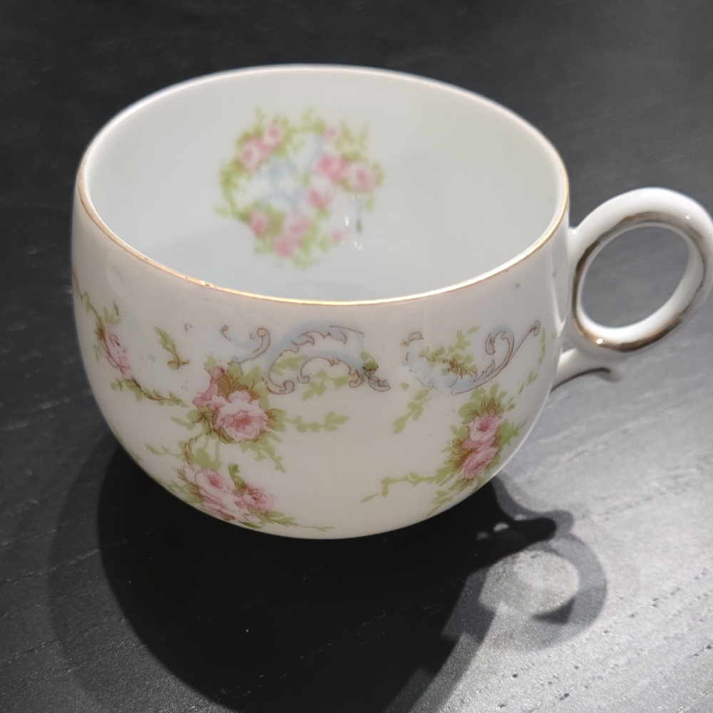 Antique Theodore Haviland Limoges Teacup with a Pink Rose and Gold Embellishment